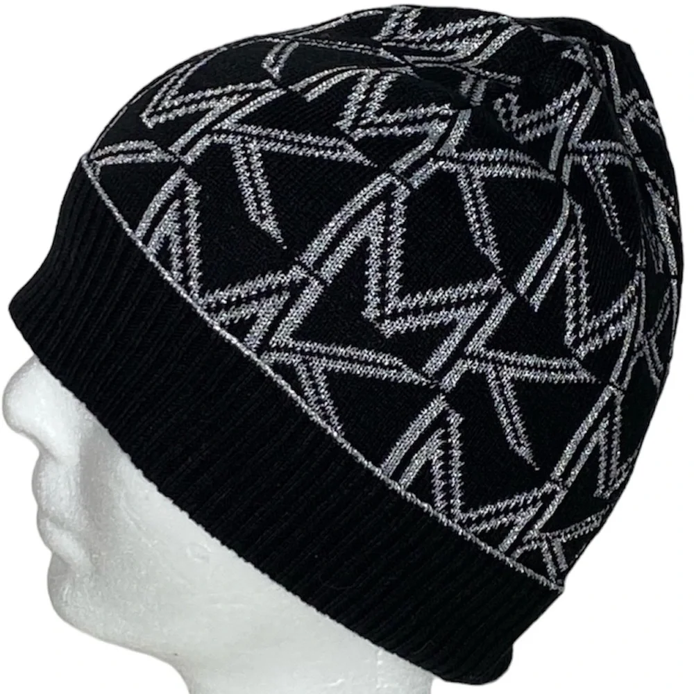 Michael Kors Metallic Logo Cuffed Beanie Hat Black Silver